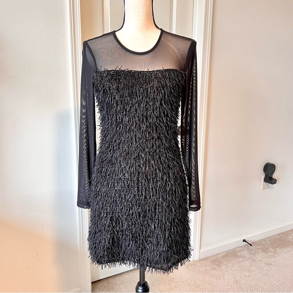 HAYDEN Los Angeles Black Metallic Fringe Mesh Long Sleeve Dress—SZ. Small